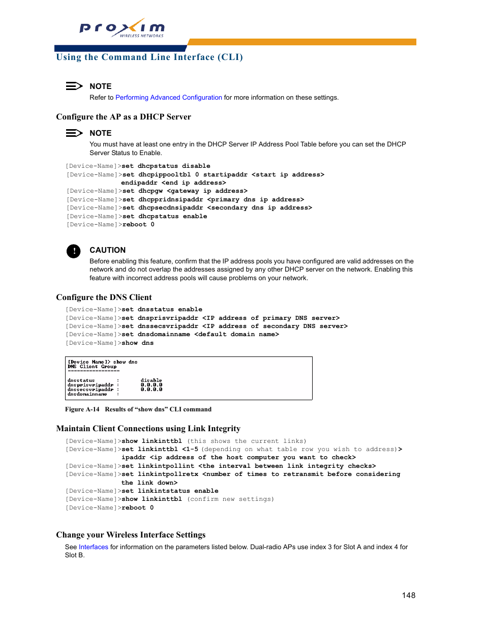 Configure the ap as a dhcp server, Configure the dns client, Maintain client connections using link integrity | Change your wireless interface settings, Using the command line interface (cli) | Proxim ORINOCO AP-2000 User Manual | Page 148 / 244