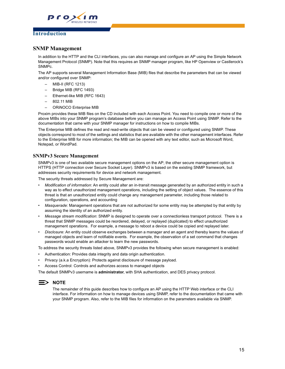 Snmp management, Snmpv3 secure management, Introduction snmp management | Proxim ORINOCO AP-2000 User Manual | Page 15 / 244