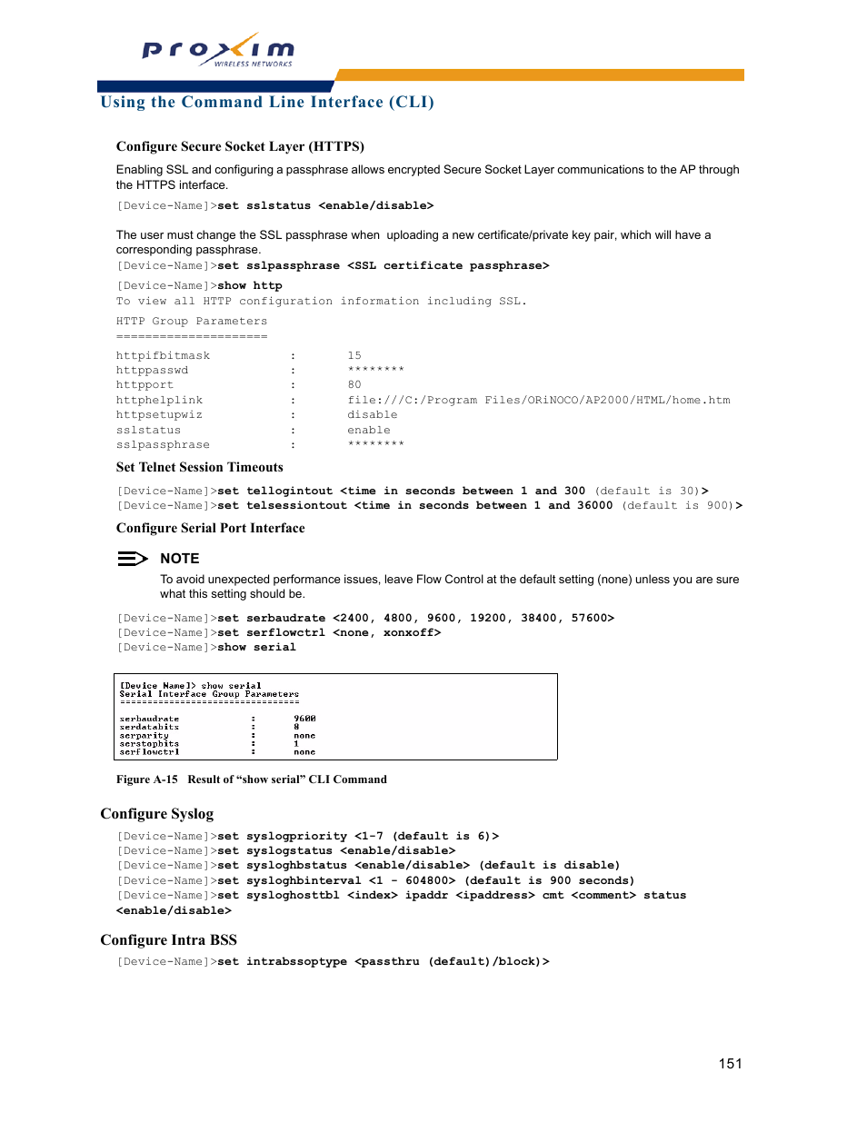 Configure syslog configure intra bss, Using the command line interface (cli) | Proxim ORINOCO AP-2000 User Manual | Page 151 / 244