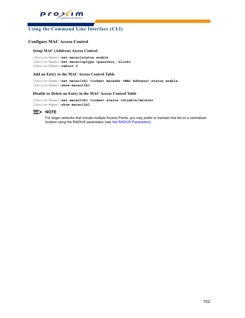 Configure mac access control, Using the command line interface (cli) | Proxim ORINOCO AP-2000 User Manual | Page 152 / 244