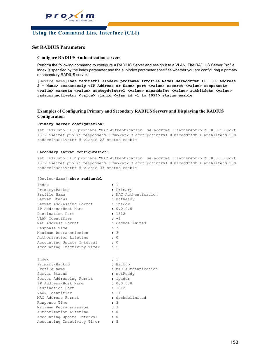 Set radius parameters, Using the command line interface (cli) | Proxim ORINOCO AP-2000 User Manual | Page 153 / 244