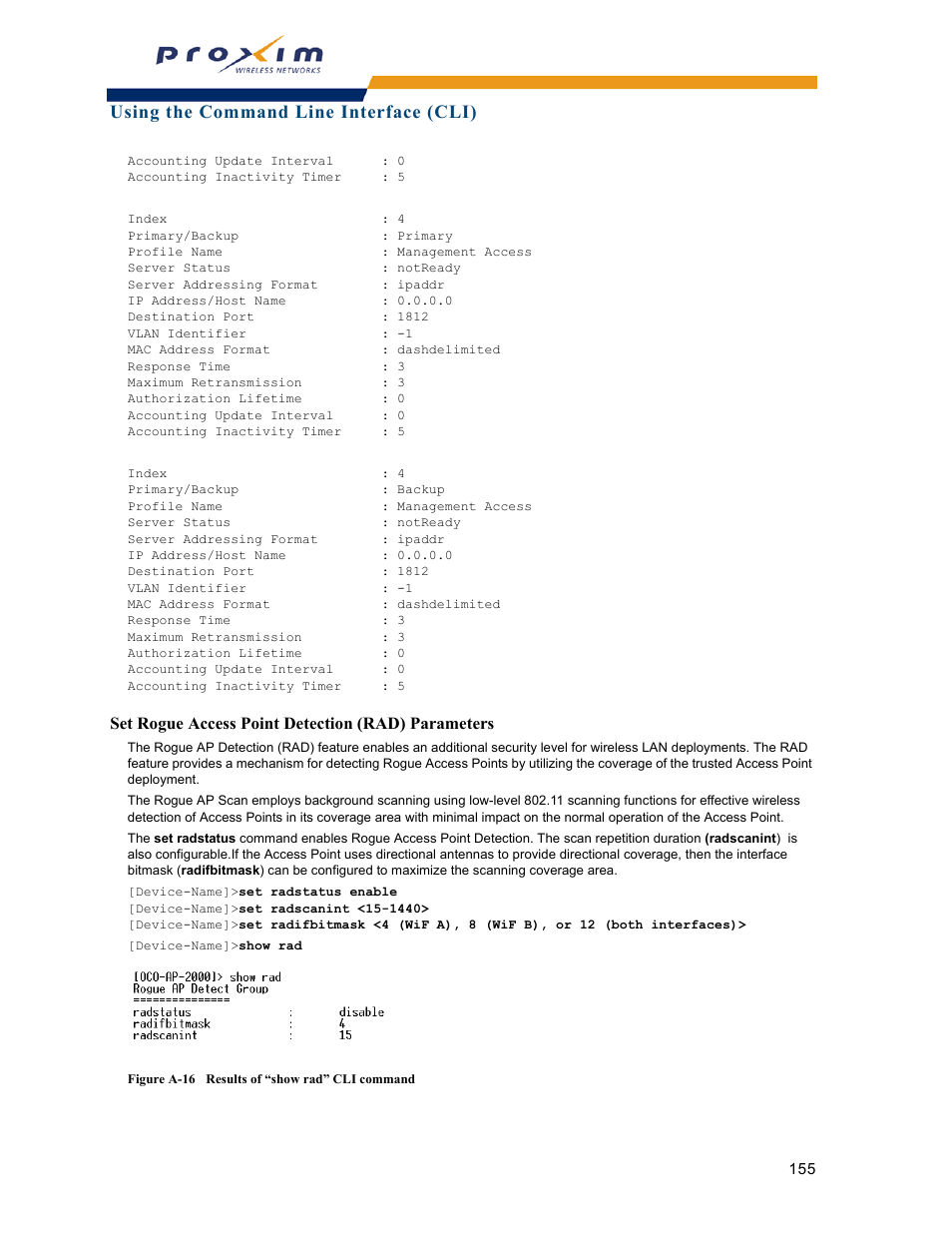 Set rogue access point detection (rad) parameters, Using the command line interface (cli) | Proxim ORINOCO AP-2000 User Manual | Page 155 / 244