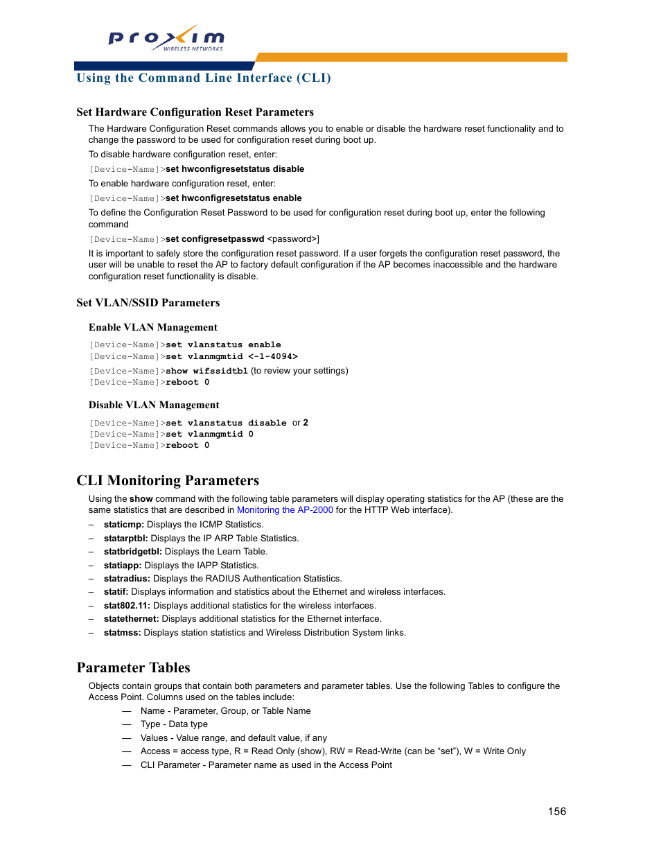 Cli monitoring parameters, Parameter tables, Cli monitoring parameters parameter tables | Set vlan/ssid parameters, Using the command line interface (cli) | Proxim ORINOCO AP-2000 User Manual | Page 156 / 244