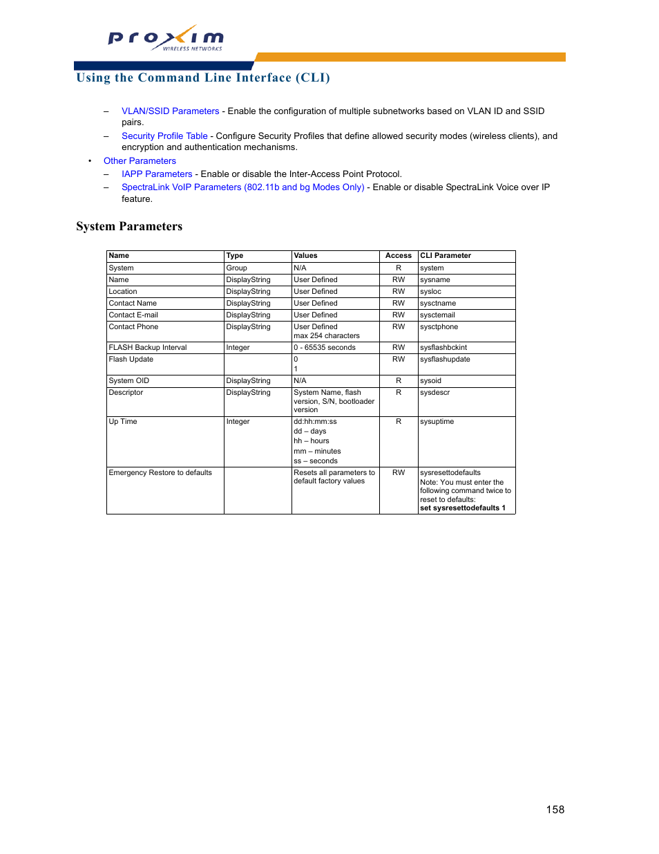 System parameters, Using the command line interface (cli) | Proxim ORINOCO AP-2000 User Manual | Page 158 / 244