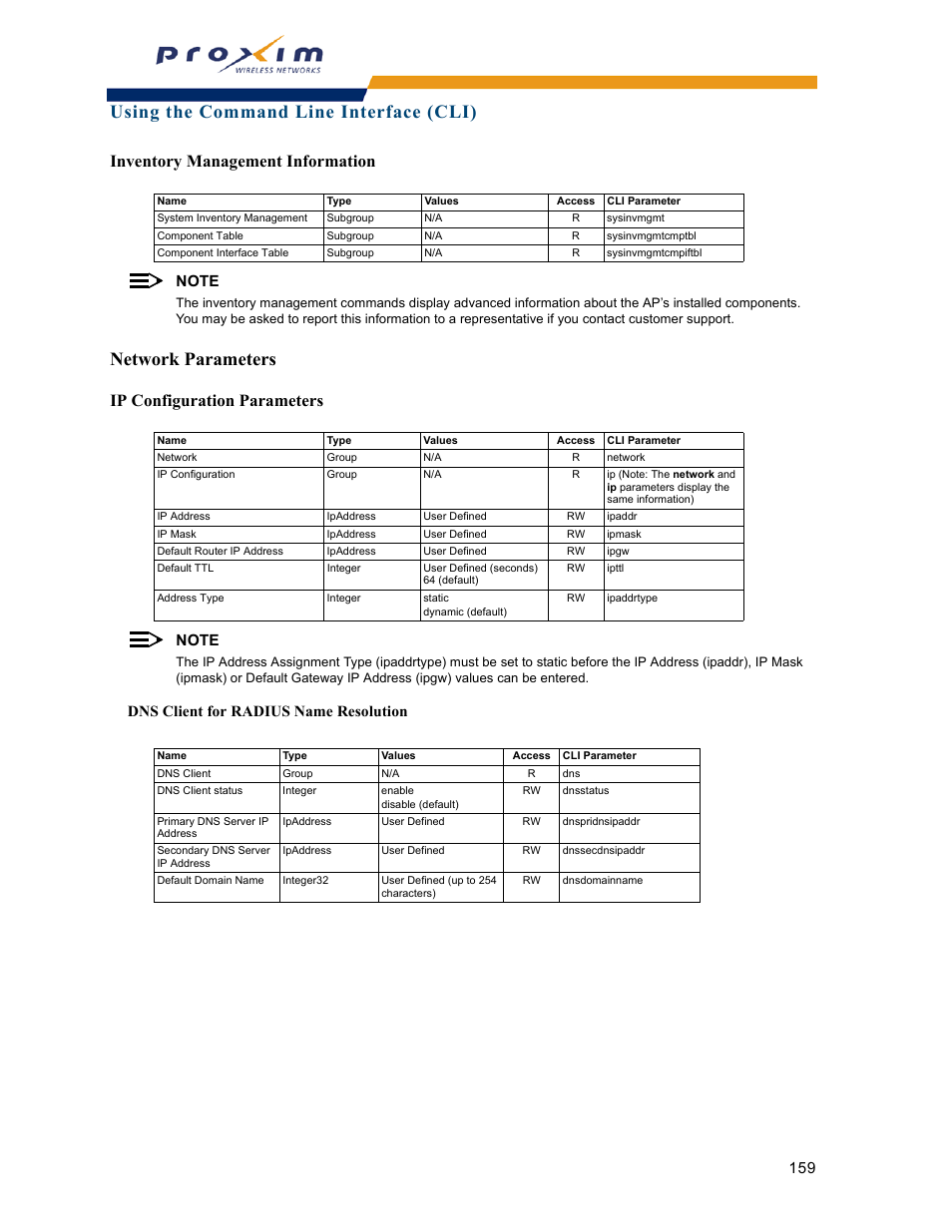 Network parameters, Inventory management information, Ip configuration parameters | Using the command line interface (cli), Dns client for radius name resolution | Proxim ORINOCO AP-2000 User Manual | Page 159 / 244