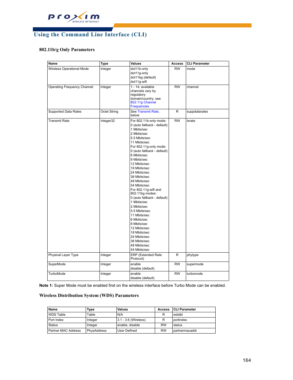 Using the command line interface (cli), 11b/g only parameters, Wireless distribution system (wds) parameters | Proxim ORINOCO AP-2000 User Manual | Page 164 / 244