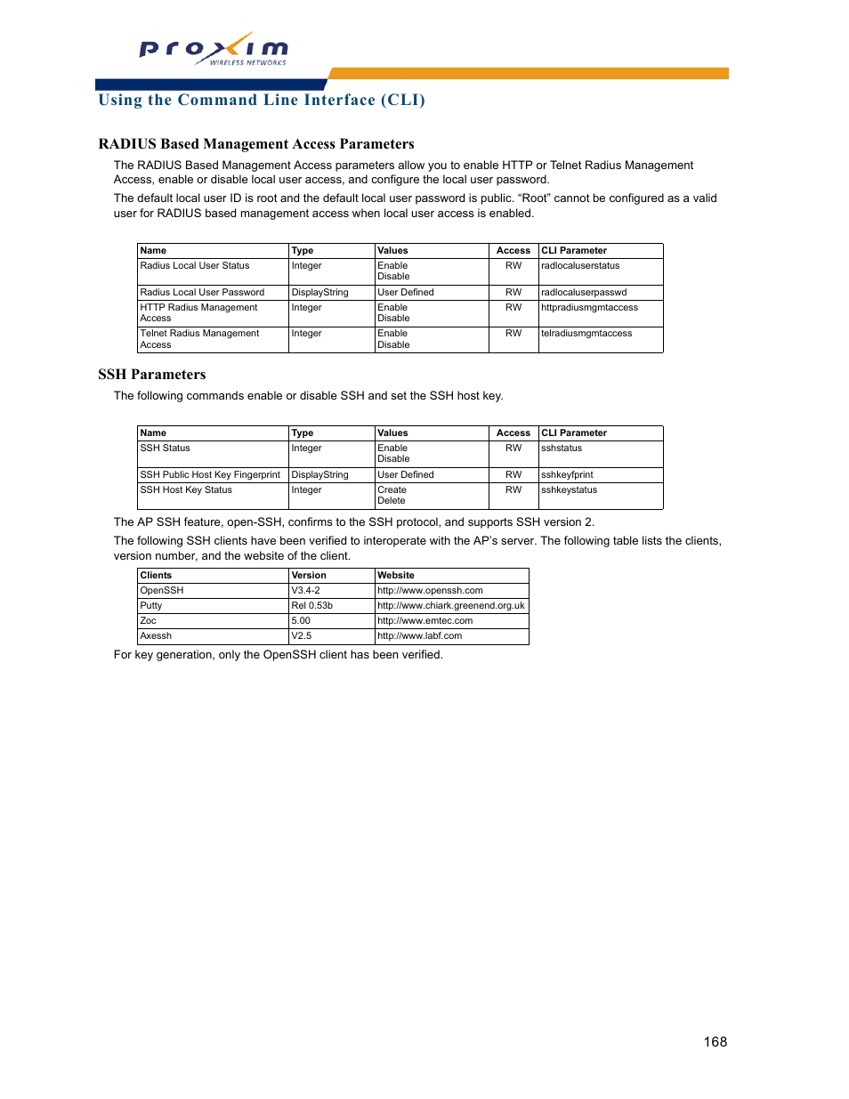 Radius based management access parameters, Ssh parameters, Using the command line interface (cli) | Proxim ORINOCO AP-2000 User Manual | Page 168 / 244