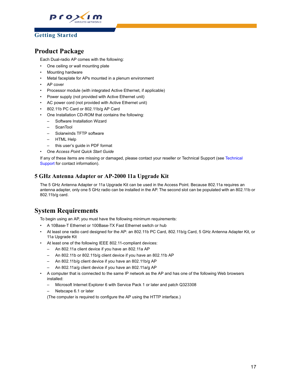 Product package, 5 ghz antenna adapter or ap-2000 11a upgrade kit, System requirements | Getting started | Proxim ORINOCO AP-2000 User Manual | Page 17 / 244