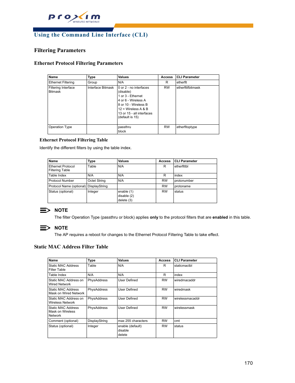 Filtering parameters, Ethernet protocol filtering parameters, Static mac address filter table | Ethernet protocol filtering table | Proxim ORINOCO AP-2000 User Manual | Page 170 / 244