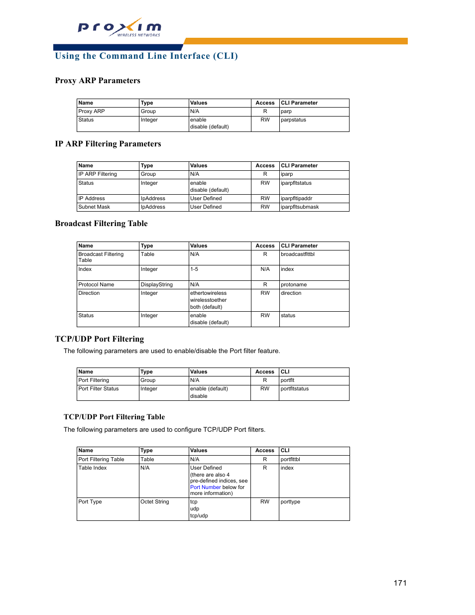 Proxy arp parameters, Ip arp filtering parameters, Broadcast filtering table | Tcp/udp port filtering, Using the command line interface (cli), Tcp/udp port filtering table | Proxim ORINOCO AP-2000 User Manual | Page 171 / 244