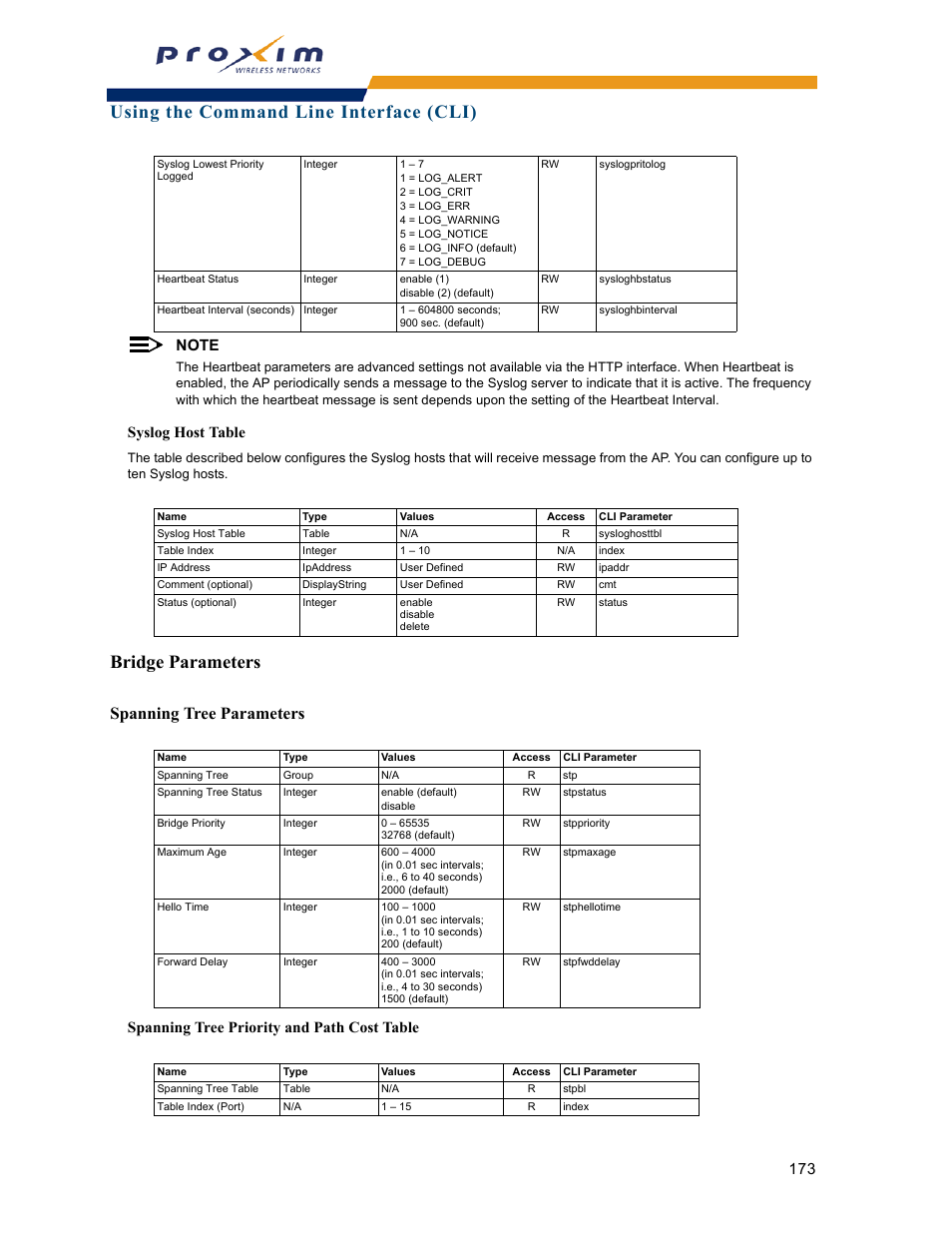 Bridge parameters, Spanning tree parameters, Using the command line interface (cli) | Syslog host table, Spanning tree priority and path cost table | Proxim ORINOCO AP-2000 User Manual | Page 173 / 244