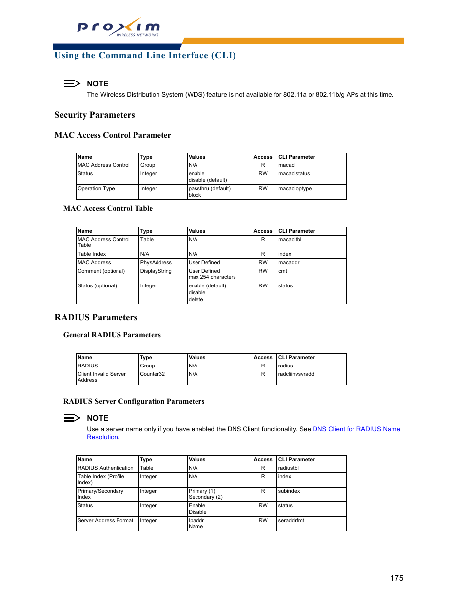 Security parameters, Radius parameters, Mac access control parameter | Using the command line interface (cli), Mac access control table | Proxim ORINOCO AP-2000 User Manual | Page 175 / 244