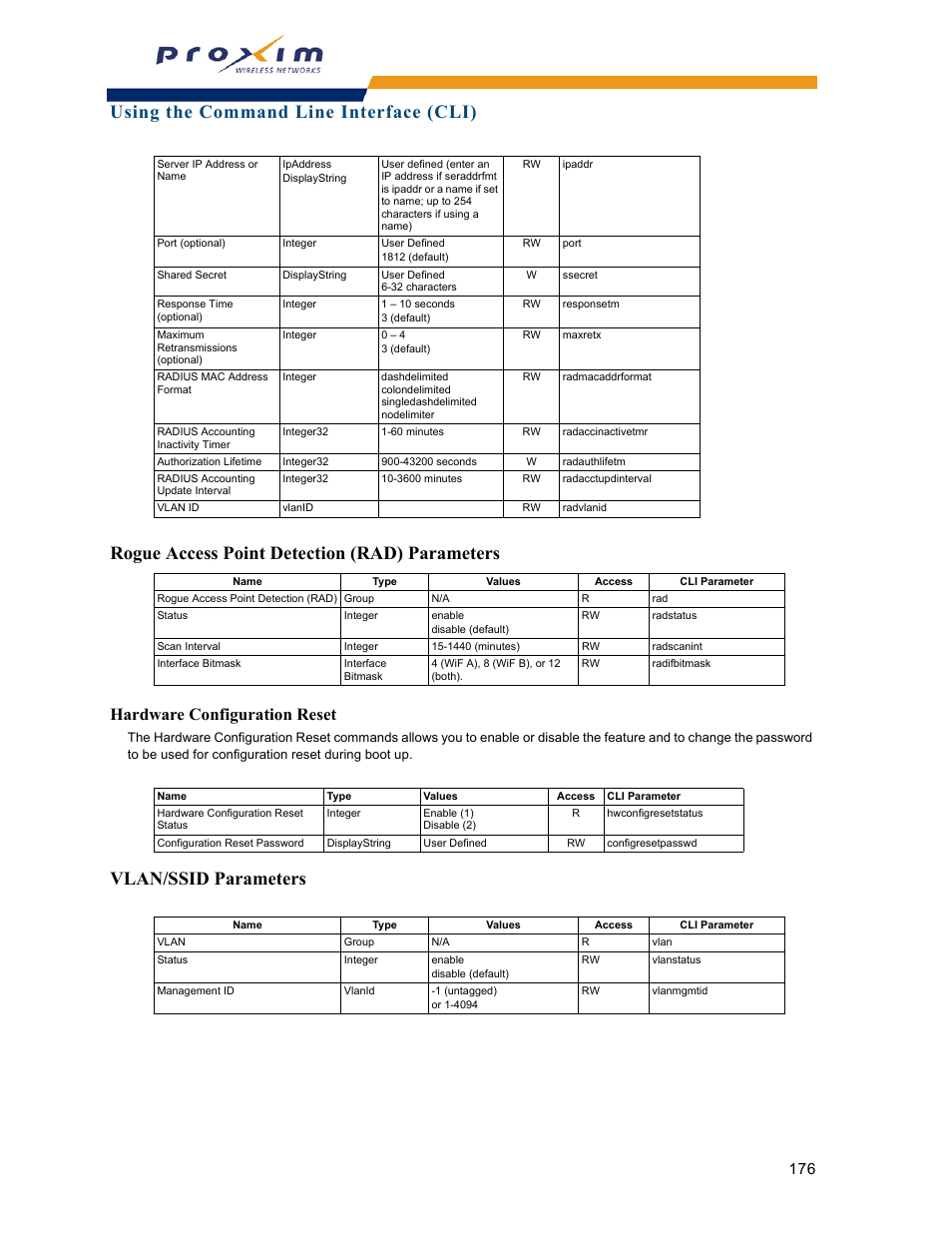 Rogue access point detection (rad) parameters, Vlan/ssid parameters, Hardware configuration reset | Proxim ORINOCO AP-2000 User Manual | Page 176 / 244