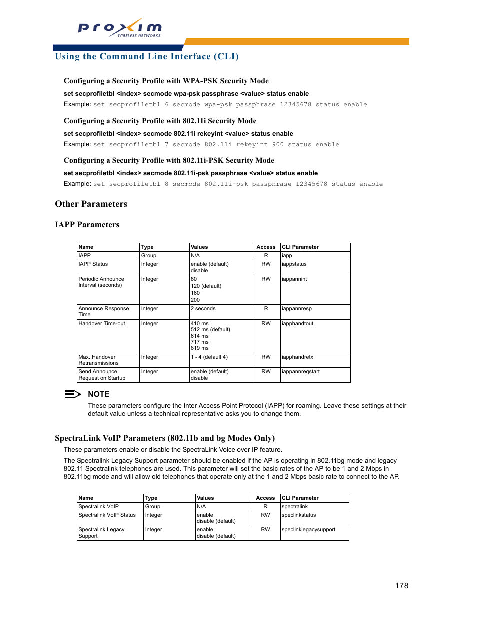 Other parameters, Iapp parameters, Using the command line interface (cli) | Proxim ORINOCO AP-2000 User Manual | Page 178 / 244