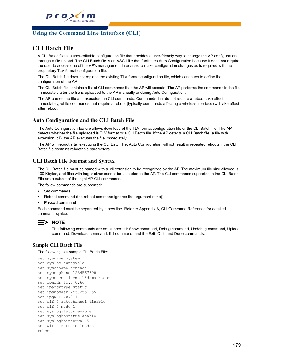 Cli batch file, Auto configuration and the cli batch file, Cli batch file format and syntax | Sample cli batch file | Proxim ORINOCO AP-2000 User Manual | Page 179 / 244