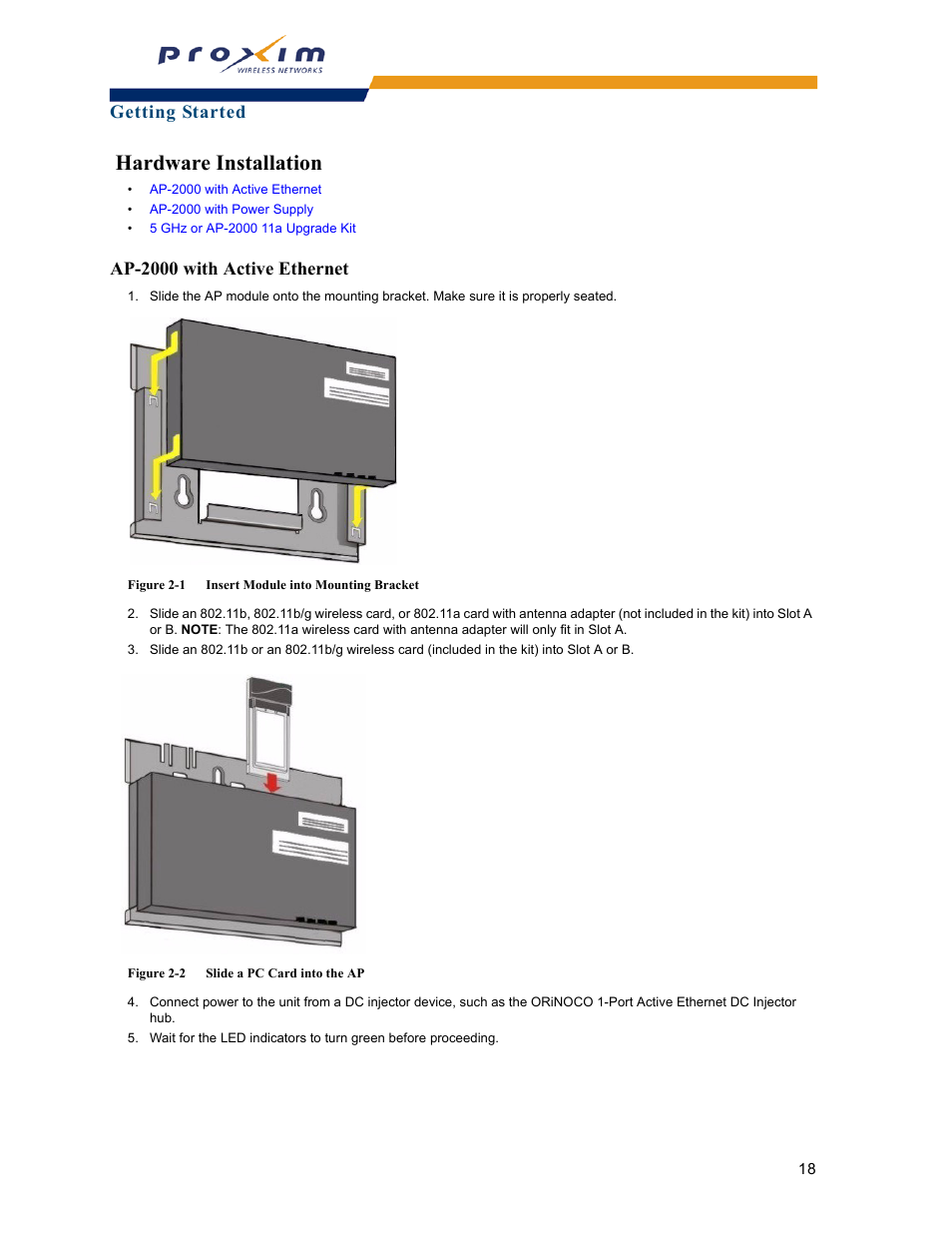 Hardware installation, Ap-2000 with active ethernet, Getting started | Proxim ORINOCO AP-2000 User Manual | Page 18 / 244