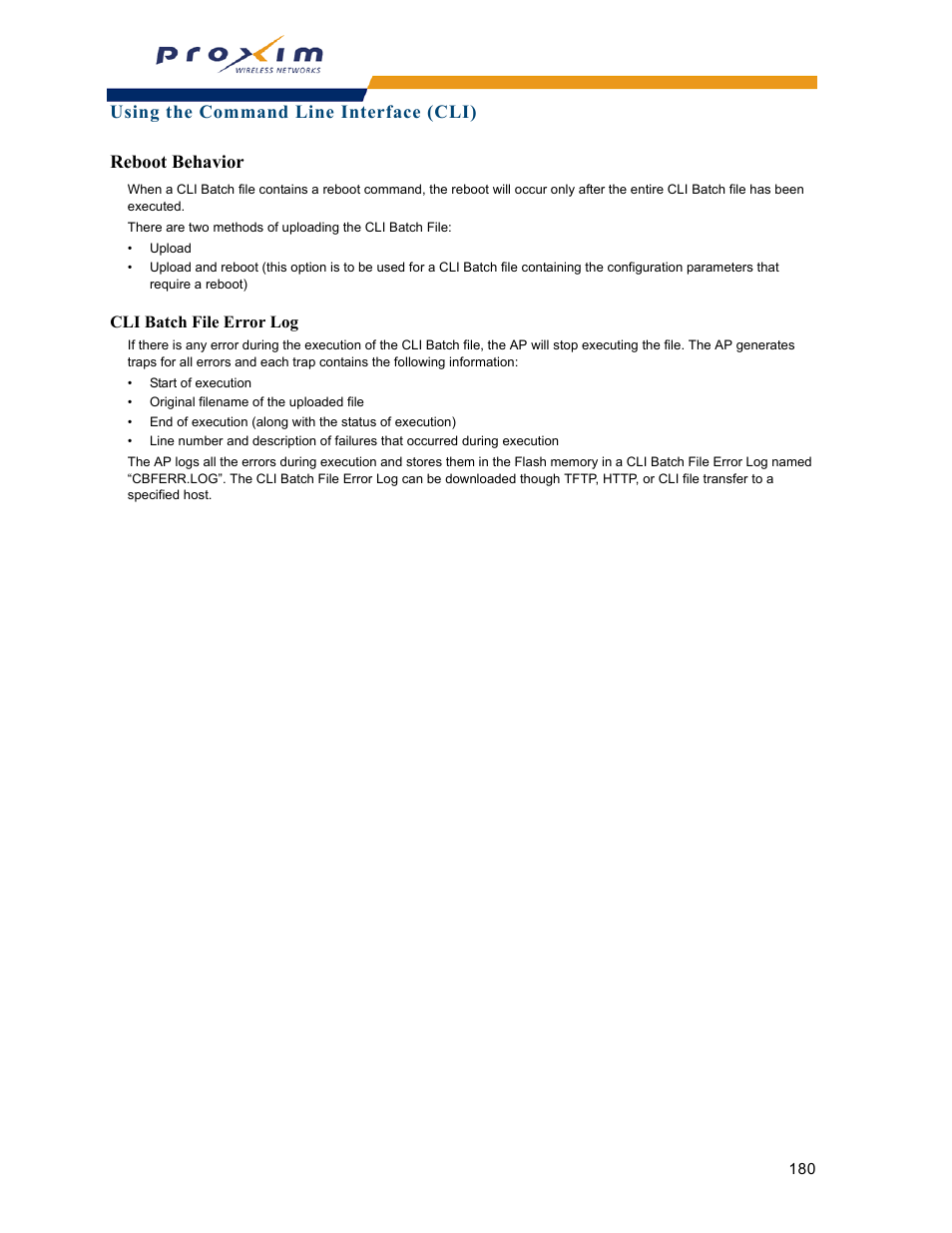 Reboot behavior, Cli batch file error log | Proxim ORINOCO AP-2000 User Manual | Page 180 / 244