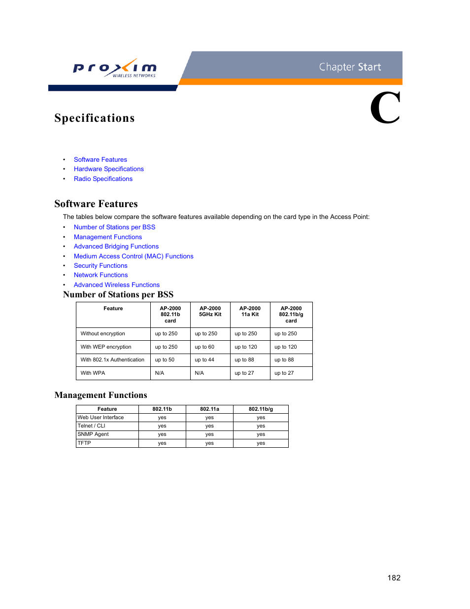 Specifications, Software features, Management functions | C specifications, Number of stations per bss management functions | Proxim ORINOCO AP-2000 User Manual | Page 182 / 244