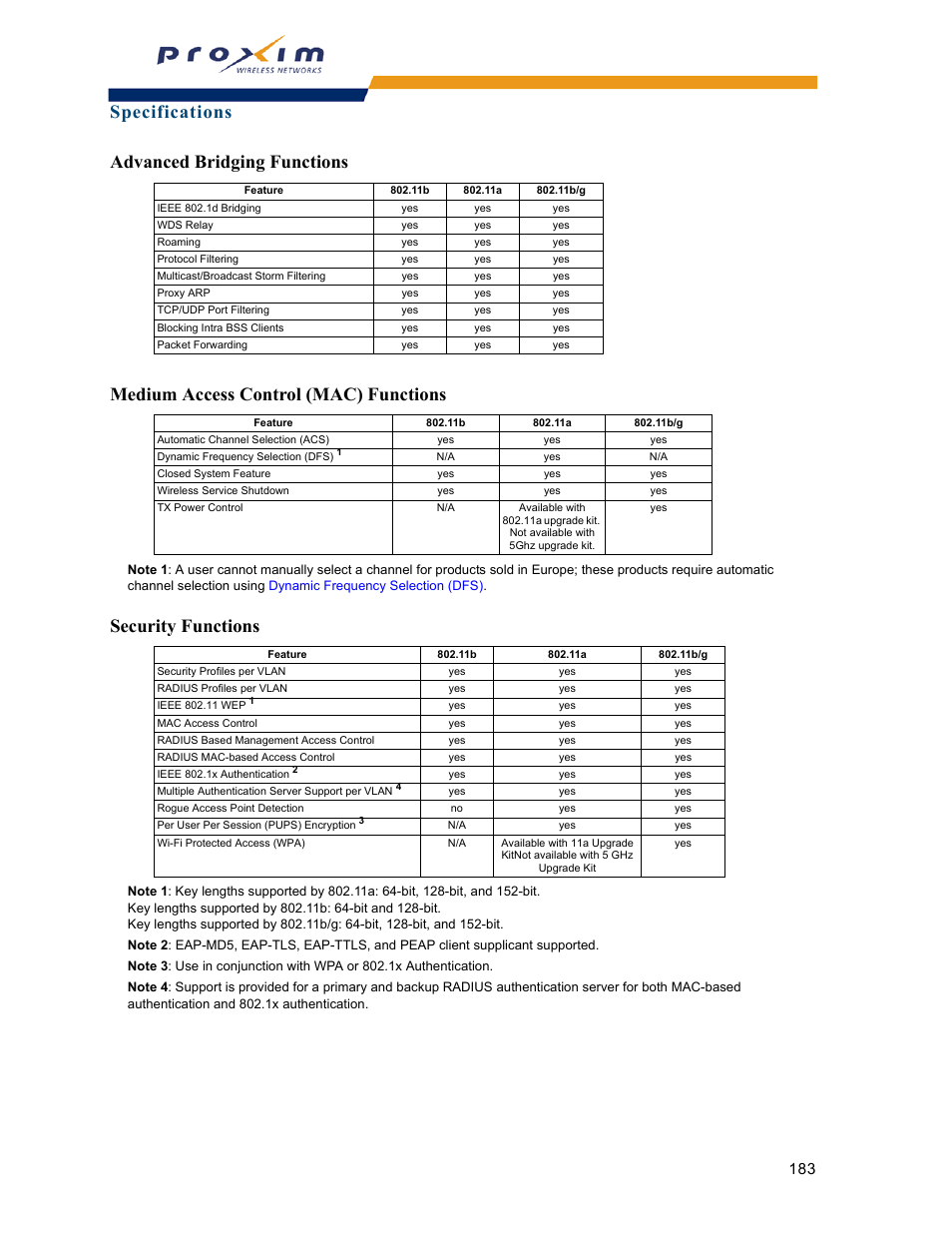 Advanced bridging functions, Medium access control (mac) functions, Security functions | Proxim ORINOCO AP-2000 User Manual | Page 183 / 244