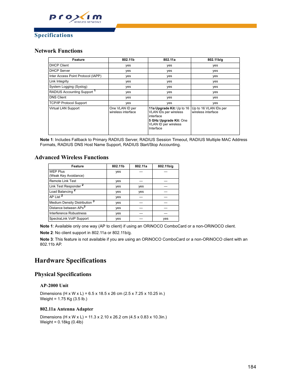 Network functions, Advanced wireless functions, Hardware specifications | Physical specifications, Network functions advanced wireless functions, Specifications network functions, Ap-2000 unit, 11a antenna adapter | Proxim ORINOCO AP-2000 User Manual | Page 184 / 244