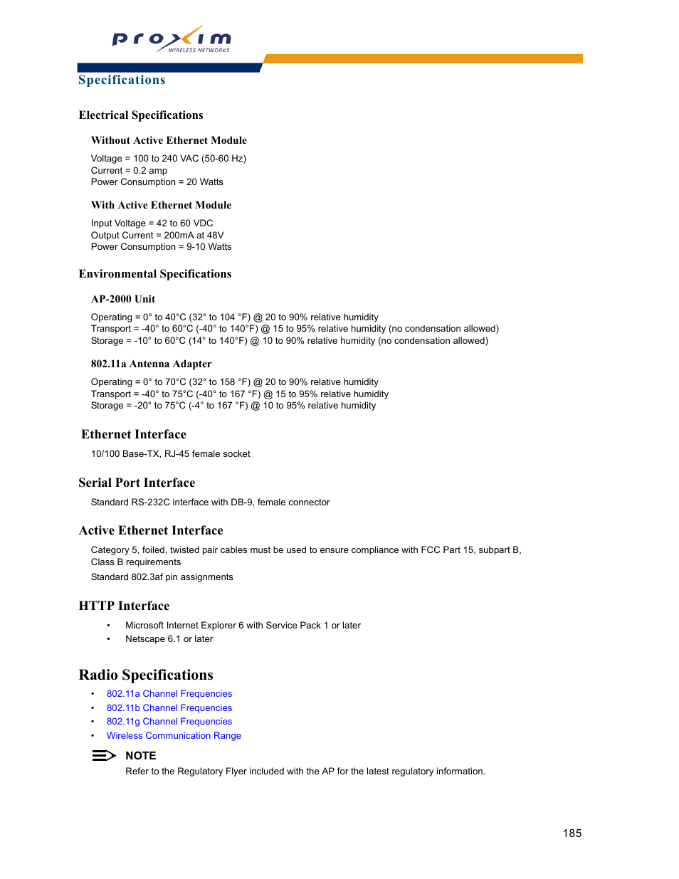 Ethernet interface, Serial port interface, Active ethernet interface | Http interface, Radio specifications, Specifications | Proxim ORINOCO AP-2000 User Manual | Page 185 / 244