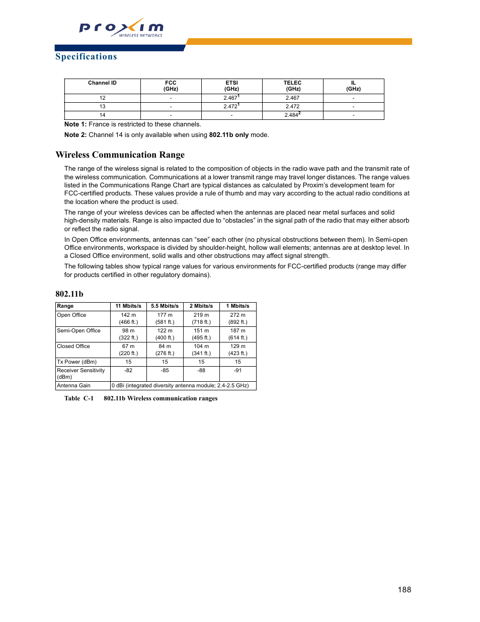 Wireless communication range, Specifications | Proxim ORINOCO AP-2000 User Manual | Page 188 / 244