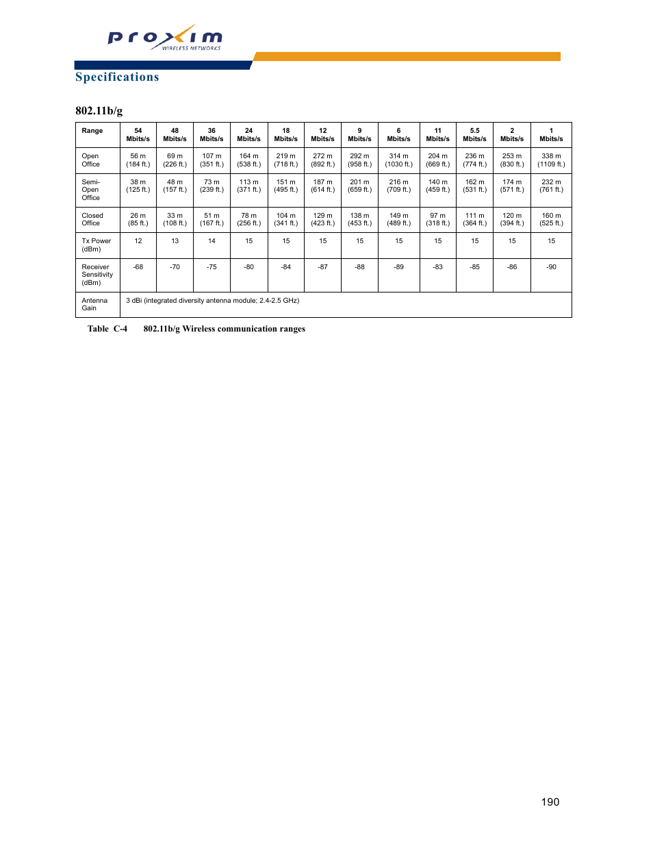 11b/g, Specifications | Proxim ORINOCO AP-2000 User Manual | Page 190 / 244