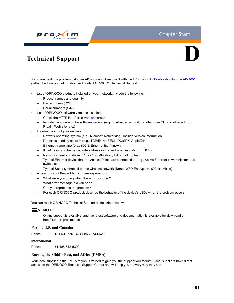 Technical support, D technical support | Proxim ORINOCO AP-2000 User Manual | Page 191 / 244