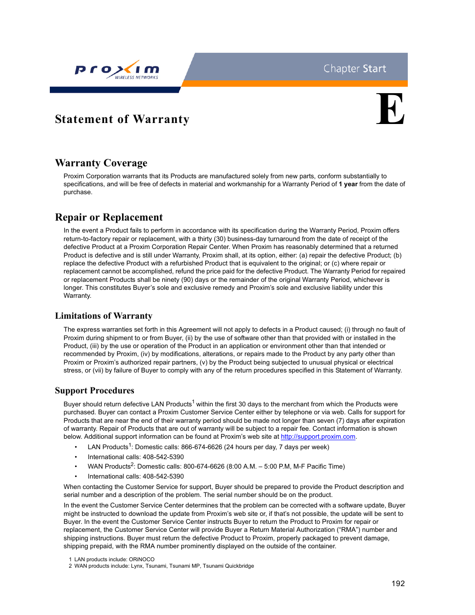 Statement of warranty, Warranty coverage, Repair or replacement | Limitations of warranty, Support procedures, E statement of warranty, Warranty coverage repair or replacement, Limitations of warranty support procedures | Proxim ORINOCO AP-2000 User Manual | Page 192 / 244