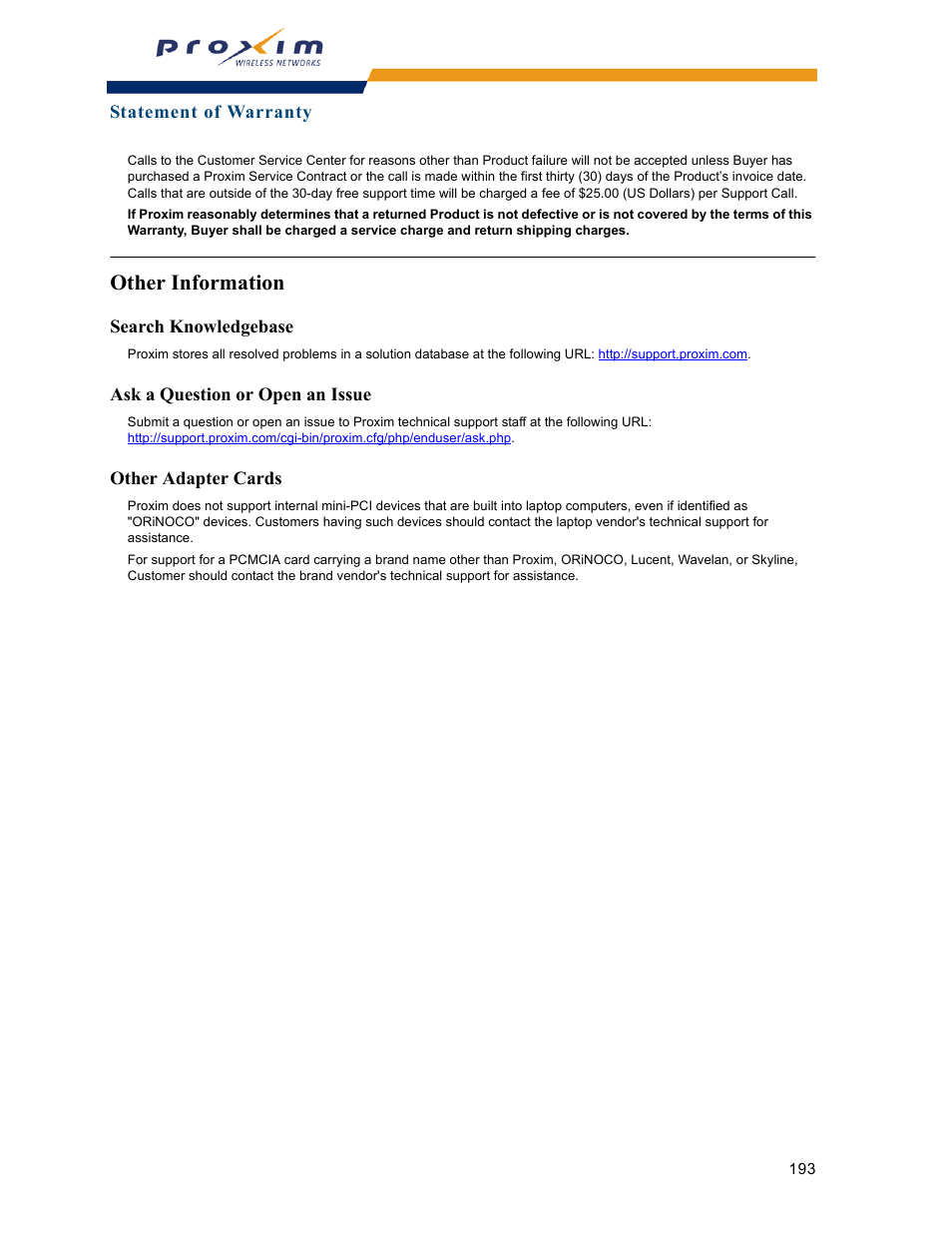 Other information, Search knowledgebase, Ask a question or open an issue | Other adapter cards | Proxim ORINOCO AP-2000 User Manual | Page 193 / 244