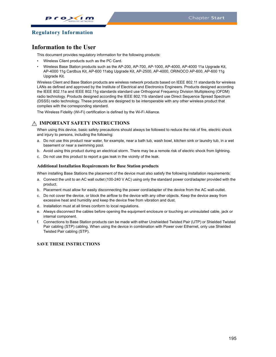 Information to the user, Regulatory information | Proxim ORINOCO AP-2000 User Manual | Page 195 / 244