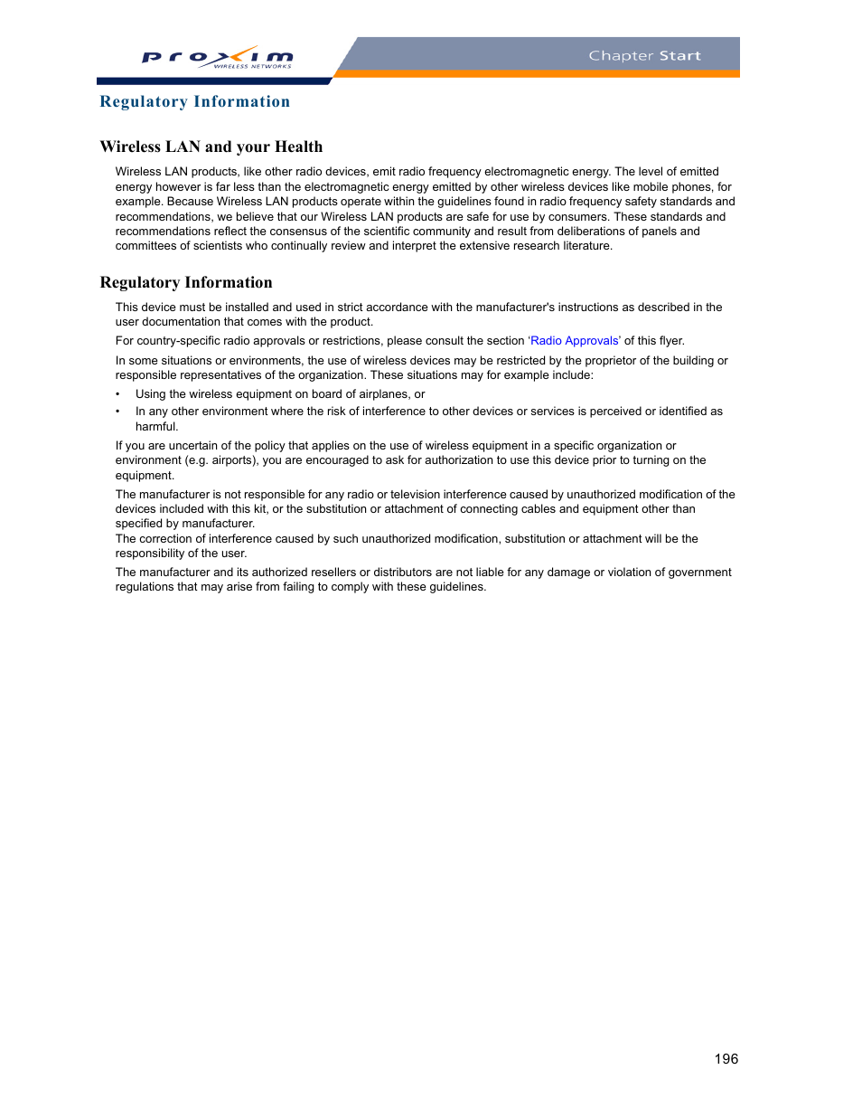 Wireless lan and your health, Regulatory information, Wireless lan and your h | Proxim ORINOCO AP-2000 User Manual | Page 196 / 244