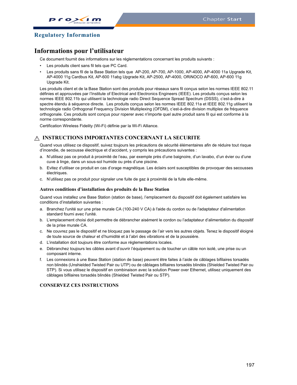 Informations pour l’utilisateur, Regulatory information | Proxim ORINOCO AP-2000 User Manual | Page 197 / 244