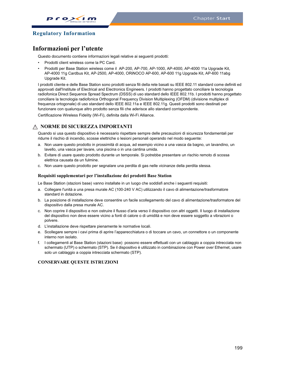 Informazioni per l’utente, Regulatory information | Proxim ORINOCO AP-2000 User Manual | Page 199 / 244