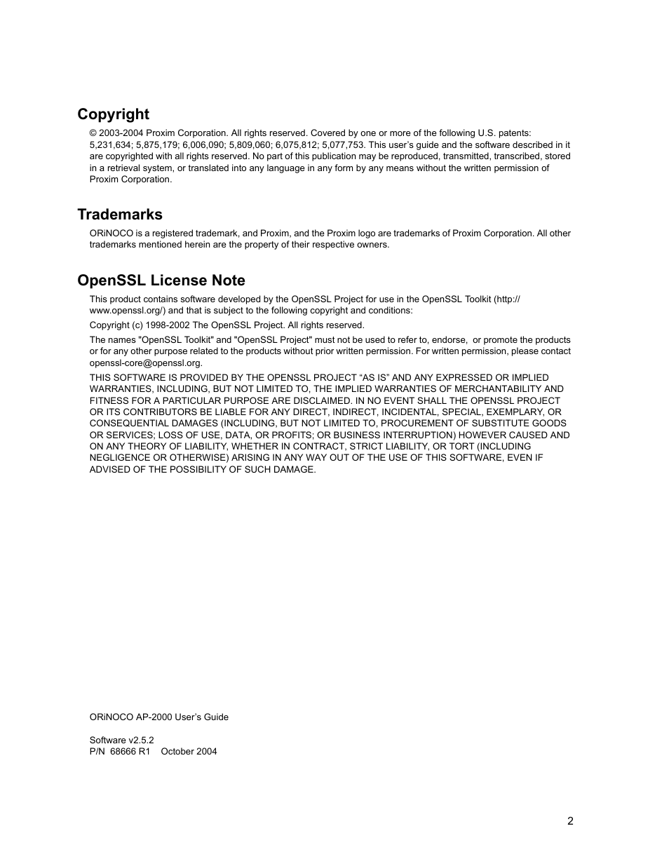 Copyright, Trademarks, Openssl license note | Proxim ORINOCO AP-2000 User Manual | Page 2 / 244