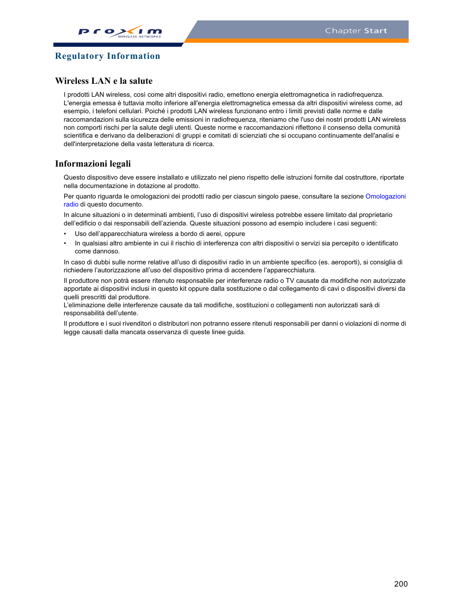 Regulatory information wireless lan e la salute, Informazioni legali | Proxim ORINOCO AP-2000 User Manual | Page 200 / 244