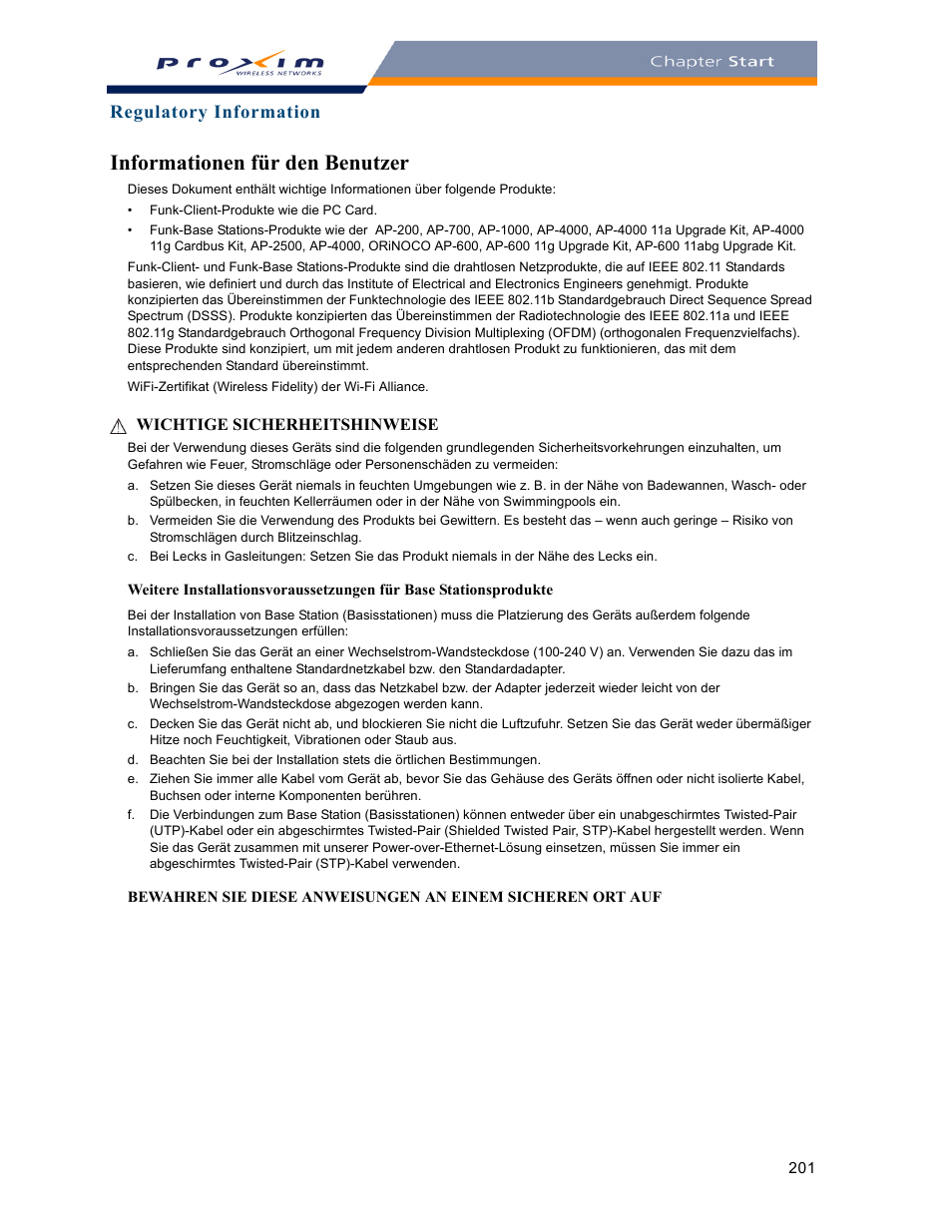 Informationen für den benutzer, Regulatory information | Proxim ORINOCO AP-2000 User Manual | Page 201 / 244