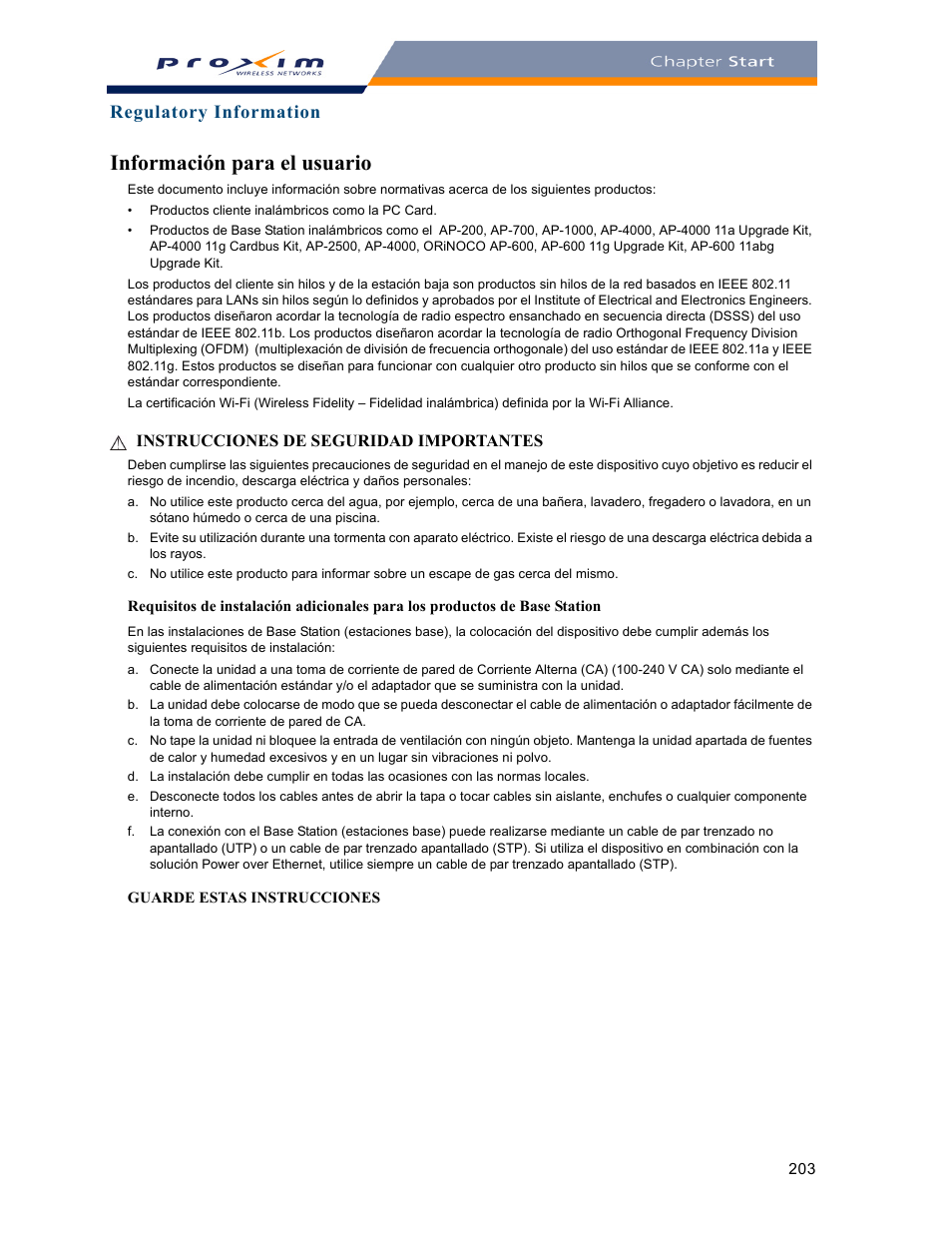 Información para el usuario, Regulatory information | Proxim ORINOCO AP-2000 User Manual | Page 203 / 244
