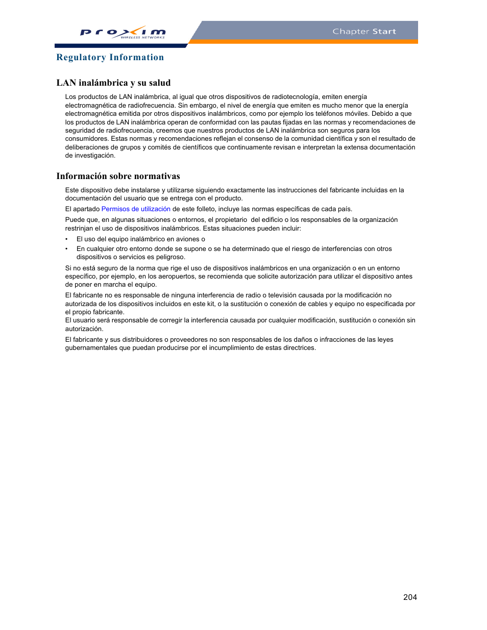 Regulatory information lan inalámbrica y su salud, Información sobre normativas | Proxim ORINOCO AP-2000 User Manual | Page 204 / 244