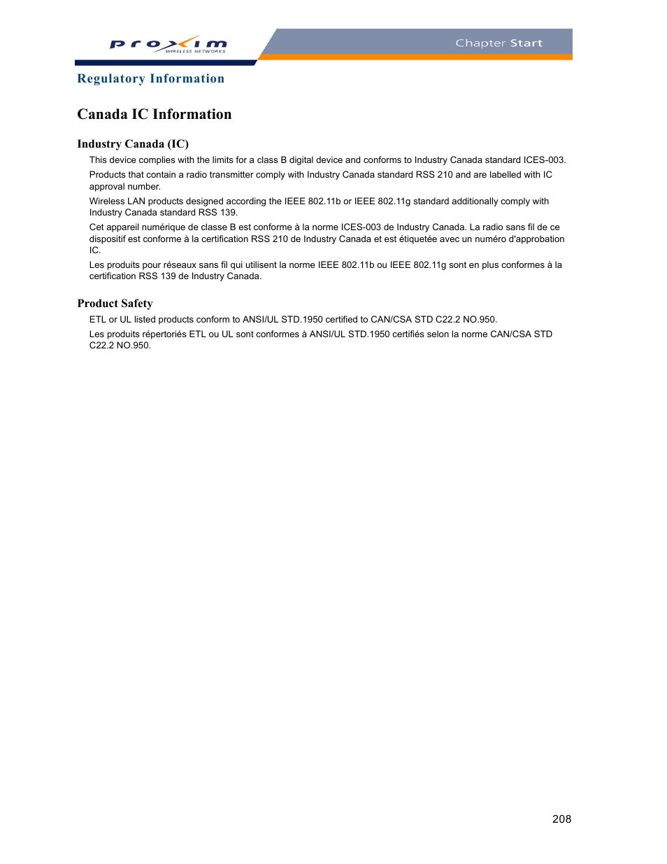 Canada ic information | Proxim ORINOCO AP-2000 User Manual | Page 208 / 244