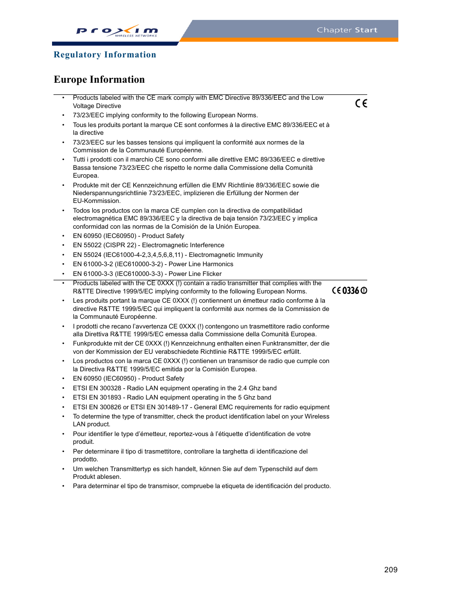 Europe information, Regulatory information | Proxim ORINOCO AP-2000 User Manual | Page 209 / 244