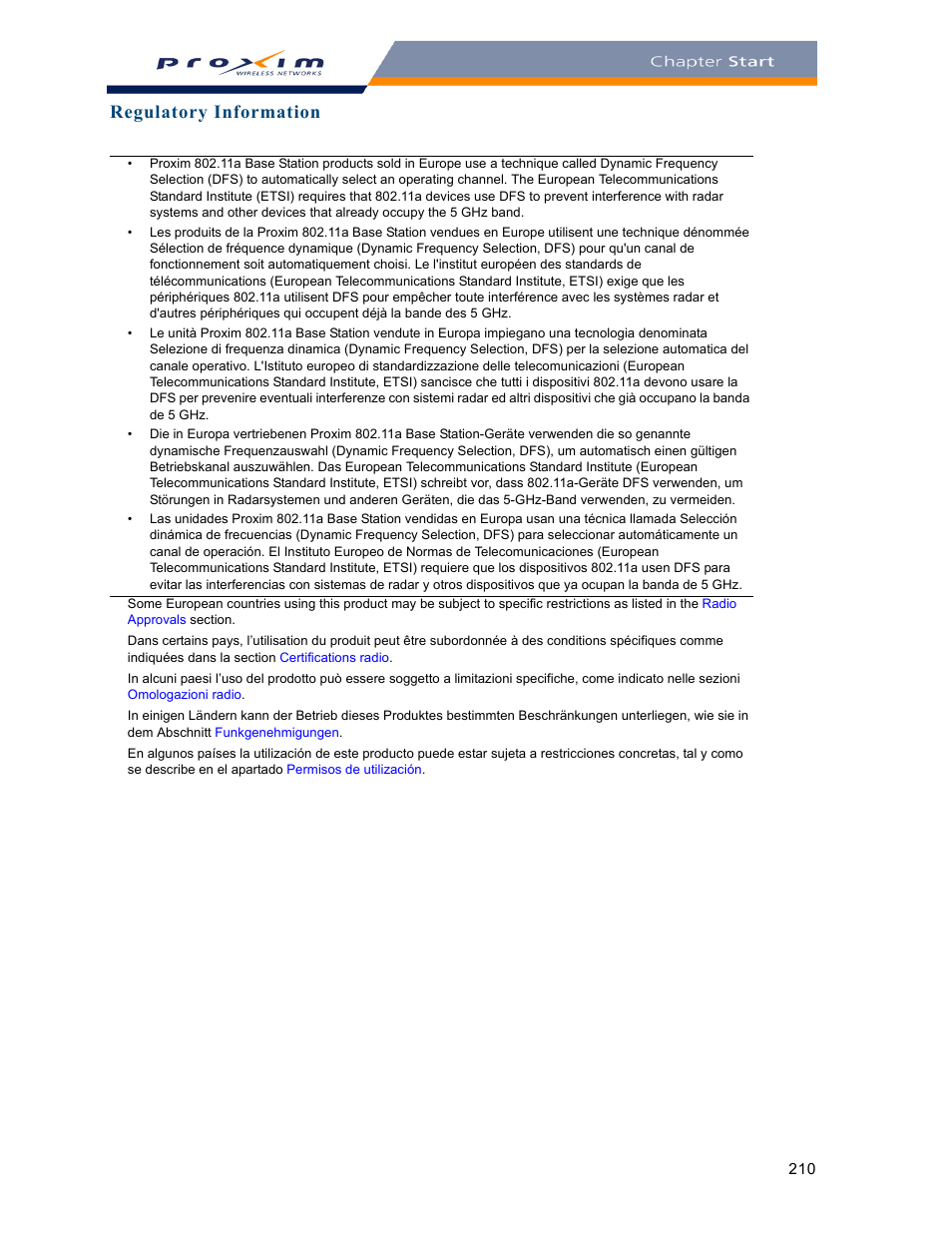 Regulatory information | Proxim ORINOCO AP-2000 User Manual | Page 210 / 244