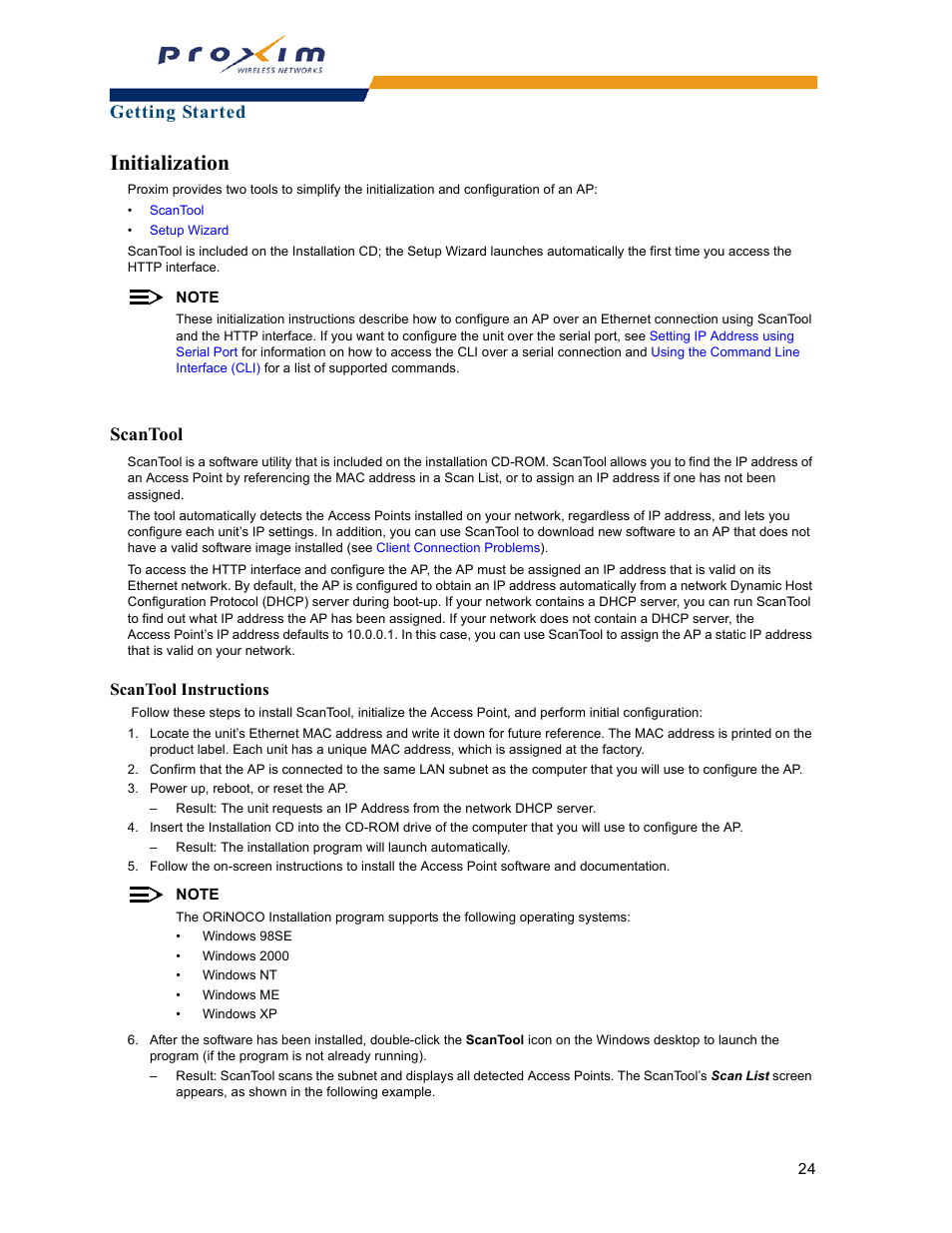 Initialization, Scantool, Scantool instructions | Getting started | Proxim ORINOCO AP-2000 User Manual | Page 24 / 244