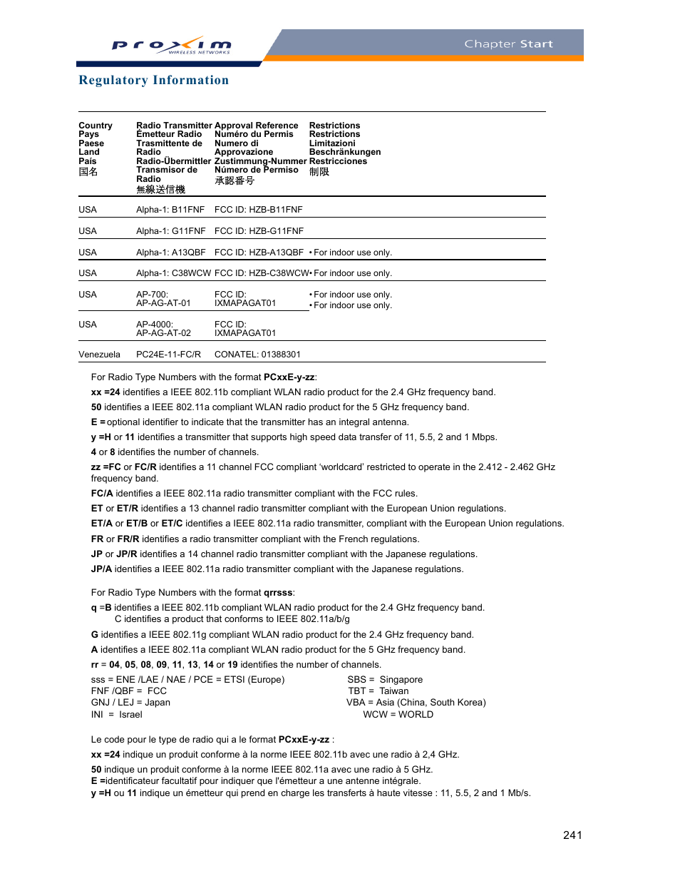 Regulatory information | Proxim ORINOCO AP-2000 User Manual | Page 241 / 244