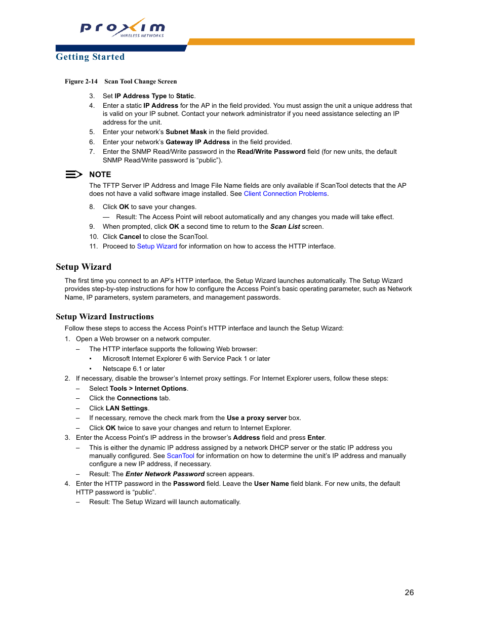 Setup wizard, Setup wizard instructions, Getting started | Proxim ORINOCO AP-2000 User Manual | Page 26 / 244