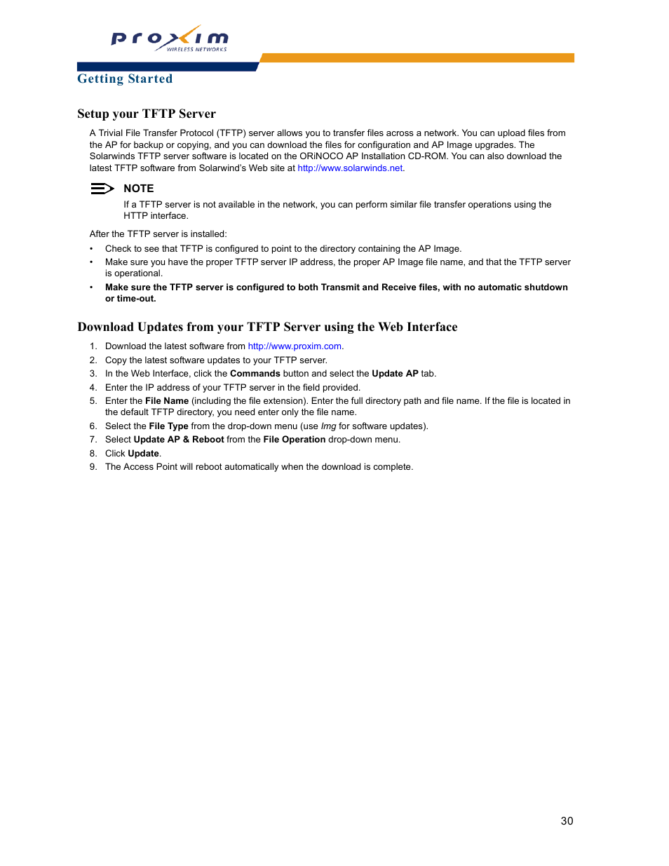 Setup your tftp server, Getting started setup your tftp server | Proxim ORINOCO AP-2000 User Manual | Page 30 / 244