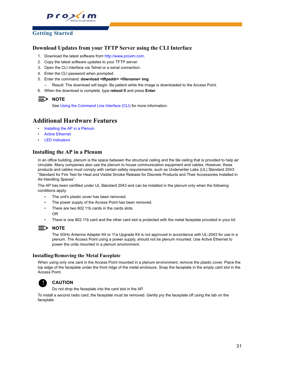 Additional hardware features, Installing the ap in a plenum, Installing/removing the metal faceplate | Proxim ORINOCO AP-2000 User Manual | Page 31 / 244