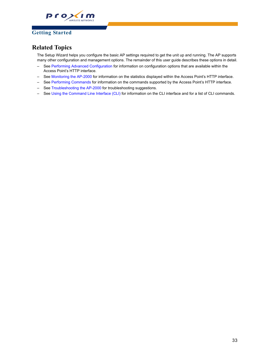 Related topics, Getting started | Proxim ORINOCO AP-2000 User Manual | Page 33 / 244