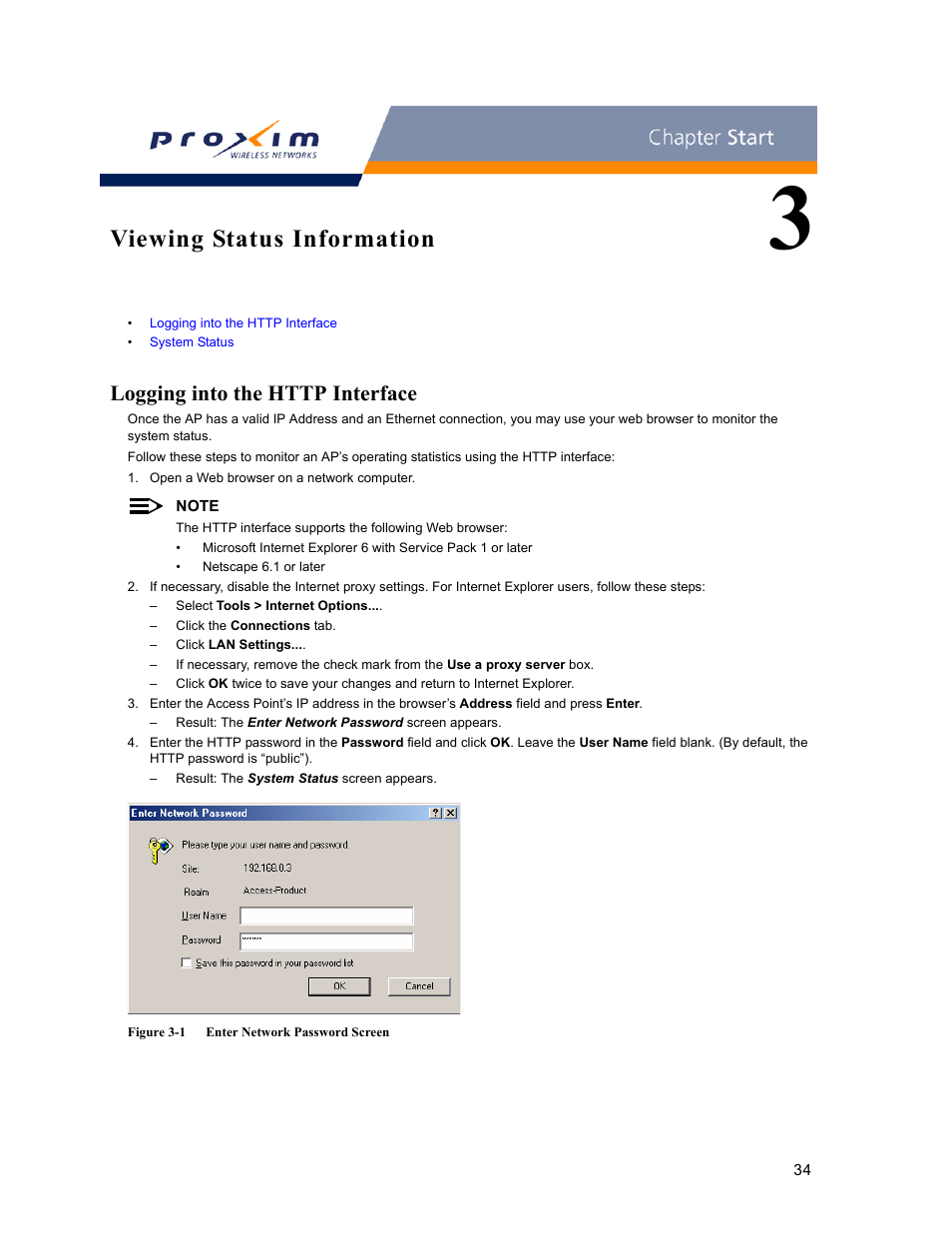 Viewing status information, Logging into the http interface, 3 viewing status information | Proxim ORINOCO AP-2000 User Manual | Page 34 / 244