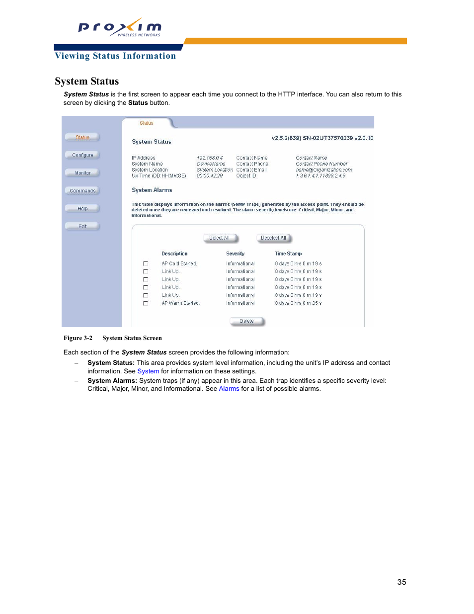 System status, Viewing status information | Proxim ORINOCO AP-2000 User Manual | Page 35 / 244